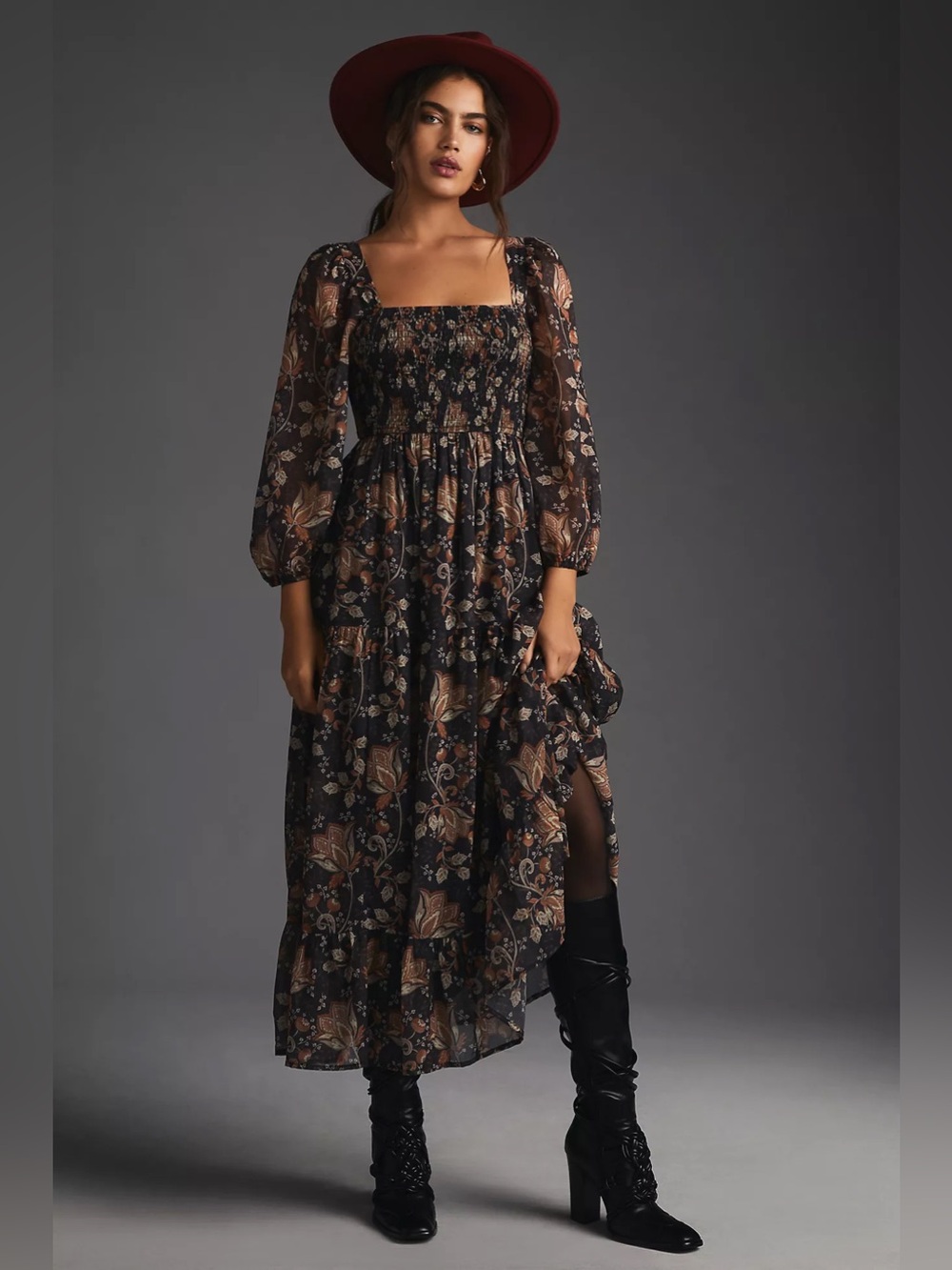 Let Me Be Anthropologie Square-Neck Smocked Maxi Dress Size Medium